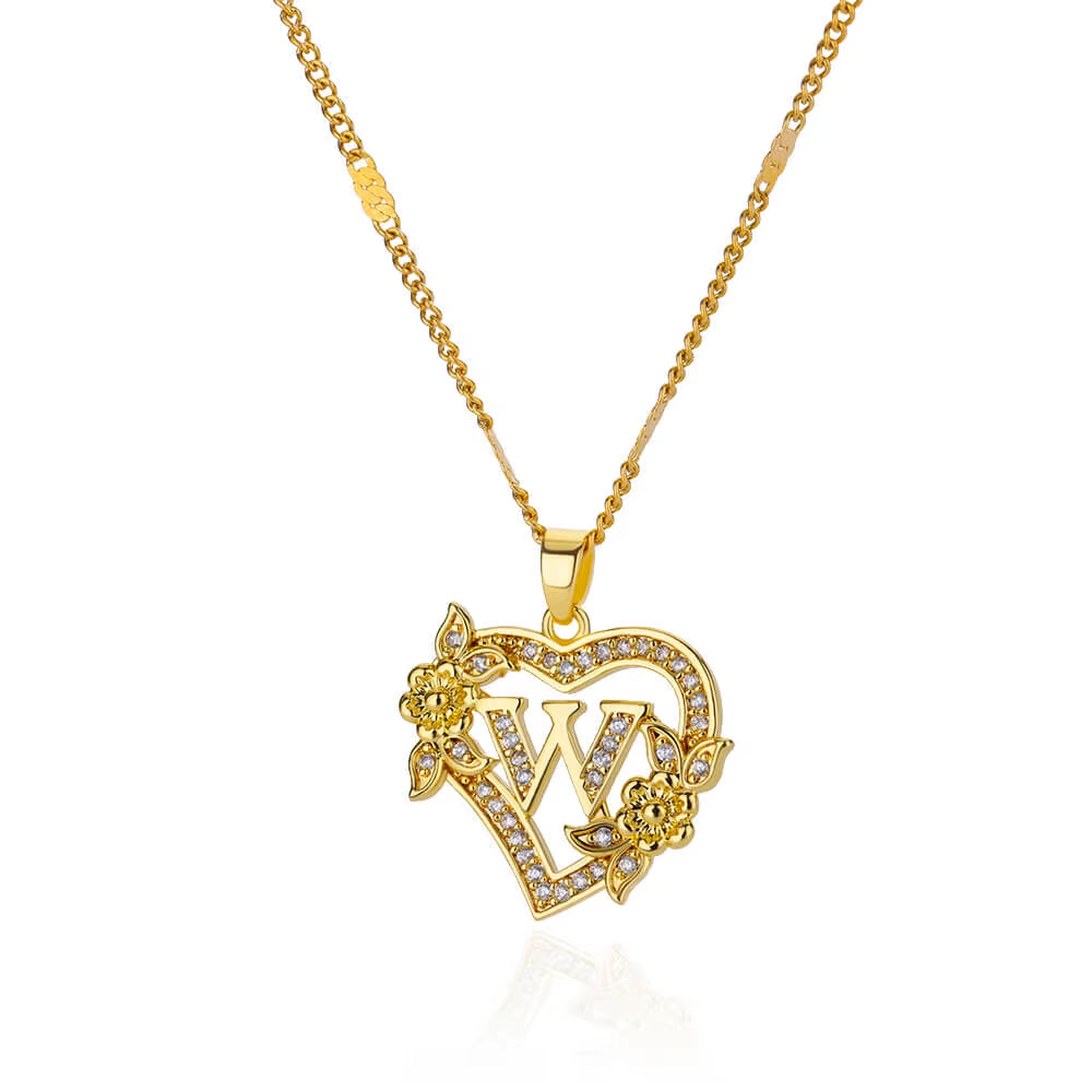 Elegant Zircon Flower Heart Initials Necklace for Women - Gold Stainless Steel Letter Chain Jewelry