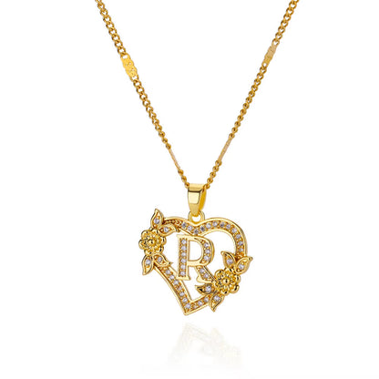 Elegant Zircon Flower Heart Initials Necklace for Women - Gold Stainless Steel Letter Chain Jewelry