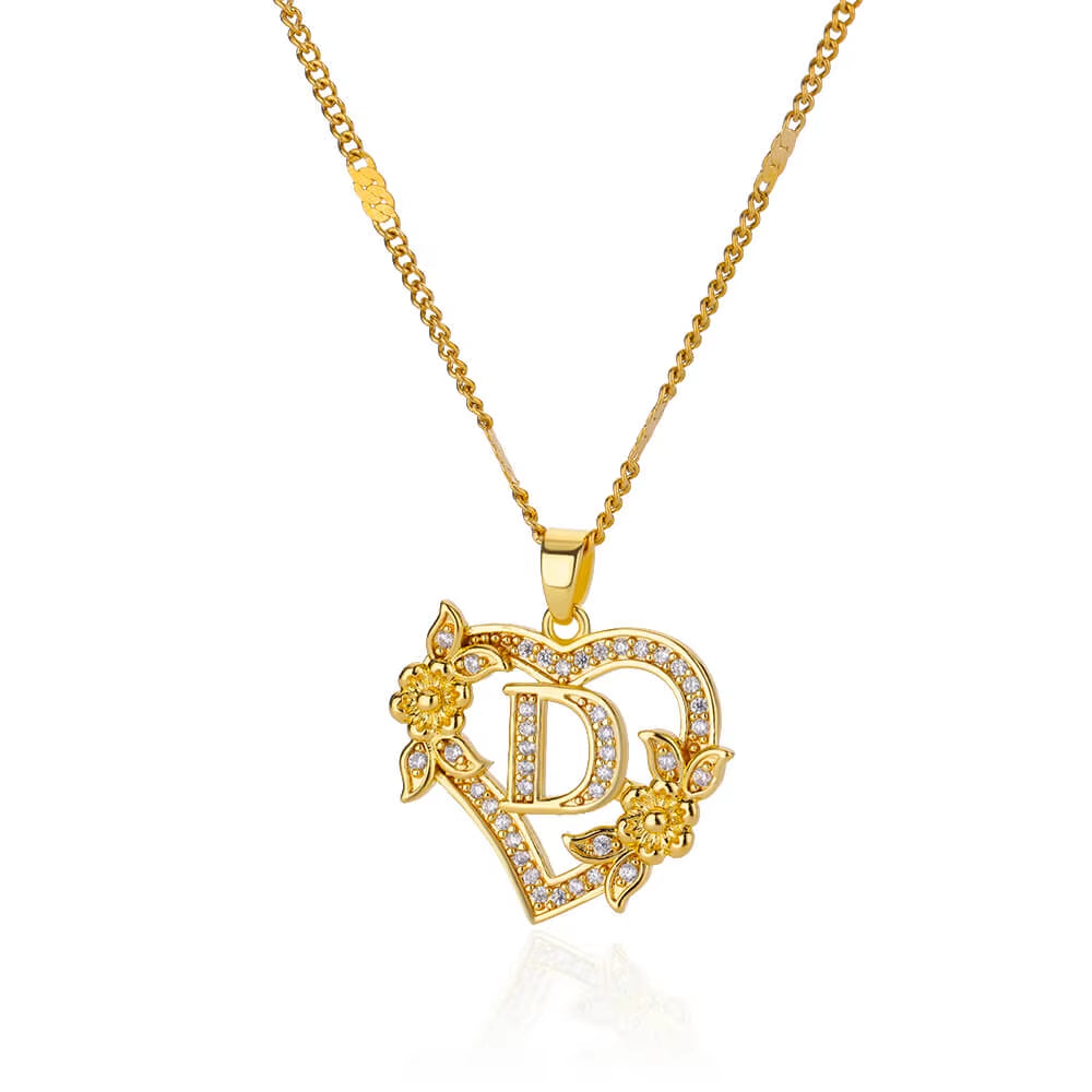 Elegant Zircon Flower Heart Initials Necklace for Women - Gold Stainless Steel Letter Chain Jewelry