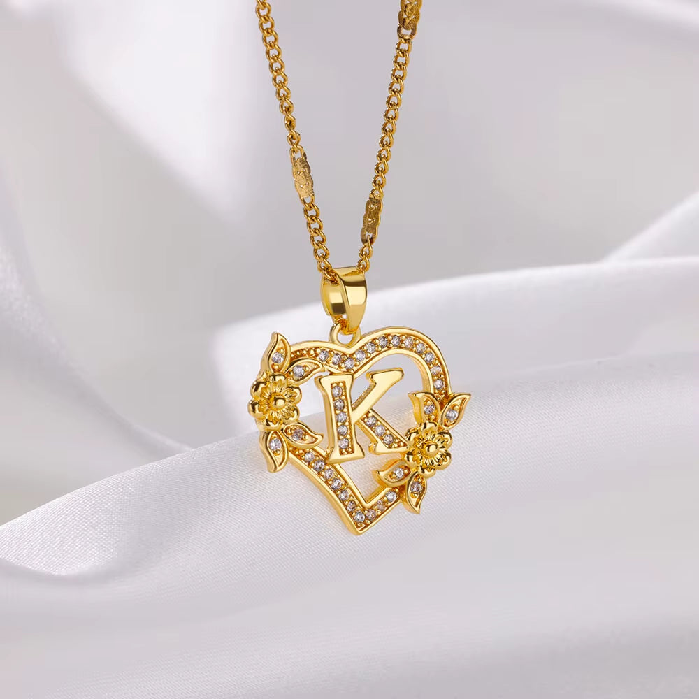 Elegant Zircon Flower Heart Initials Necklace for Women - Gold Stainless Steel Letter Chain Jewelry